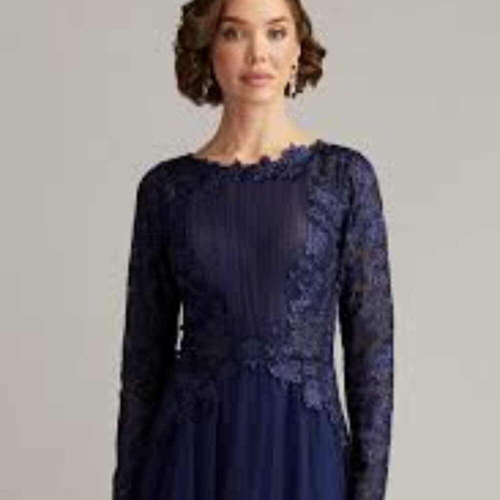 Tadashi Shoji Saitta midnight blue lace embroidered tulle midi cocktail dress 2